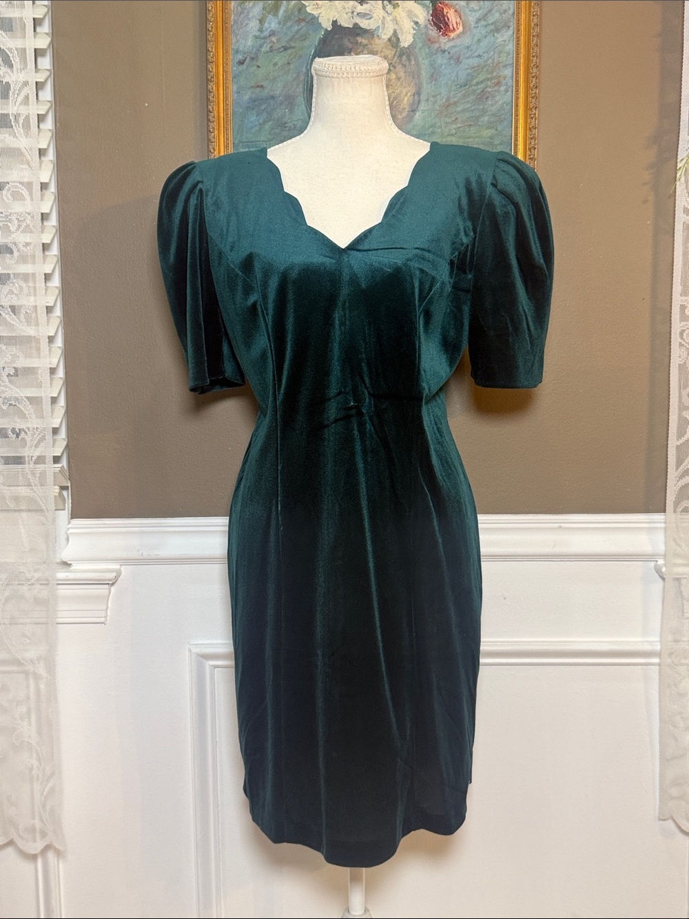 Vintage 80s Emerald Green Velvet Bow Back Puff Sleeve Mini Dress S
